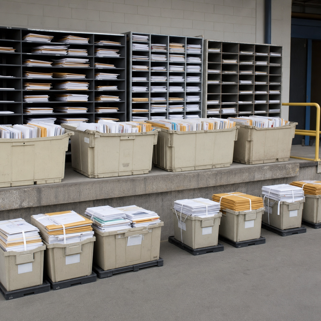 Sorted mail trays ready for postal pickup